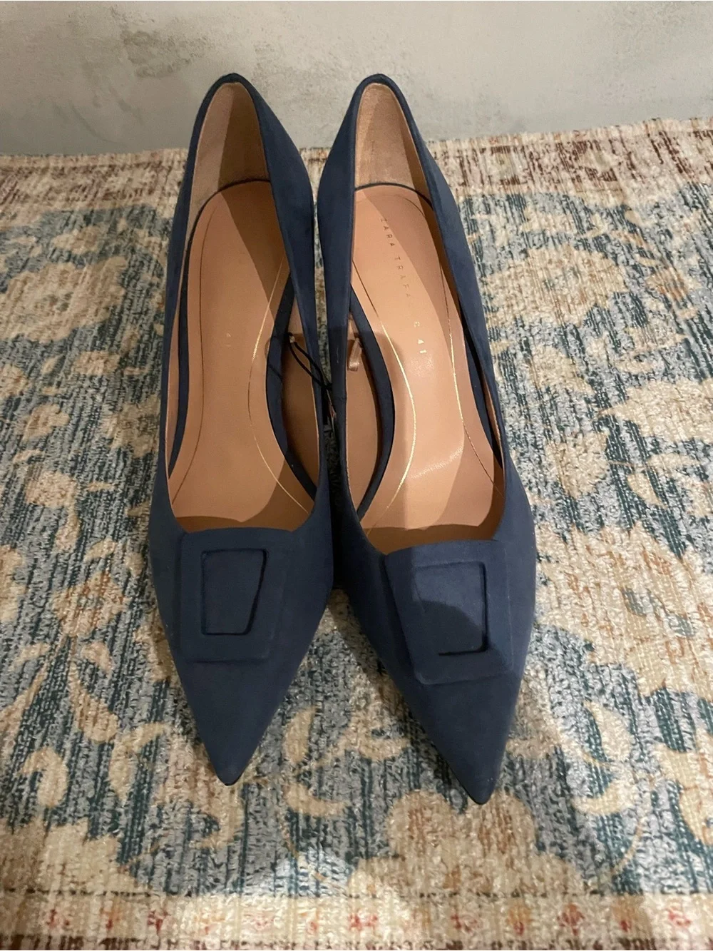Zara NWT Blue Suede Pumps with Decorative Square Accent - Picture 2 of 8